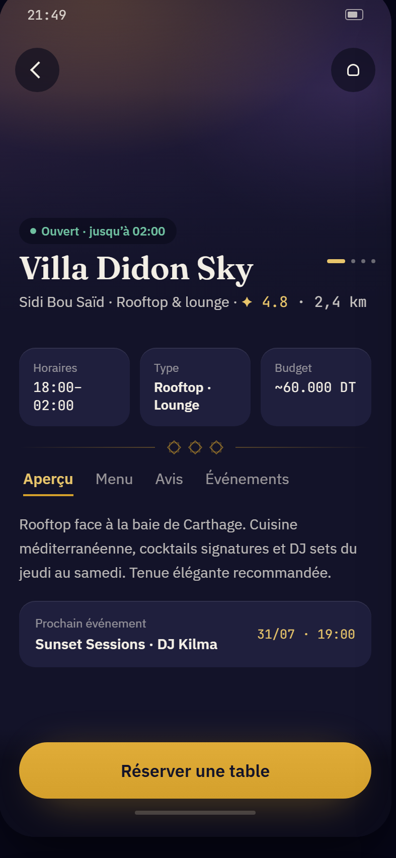 Fiche d’un établissement avec ses photos, ses espaces et ses horaires