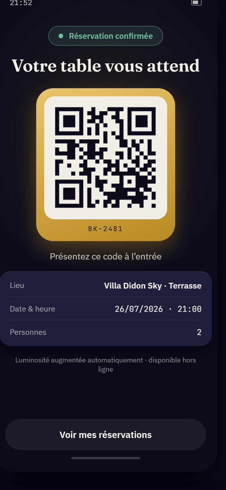 Réservation confirmée avec le QR code à présenter à l’entrée